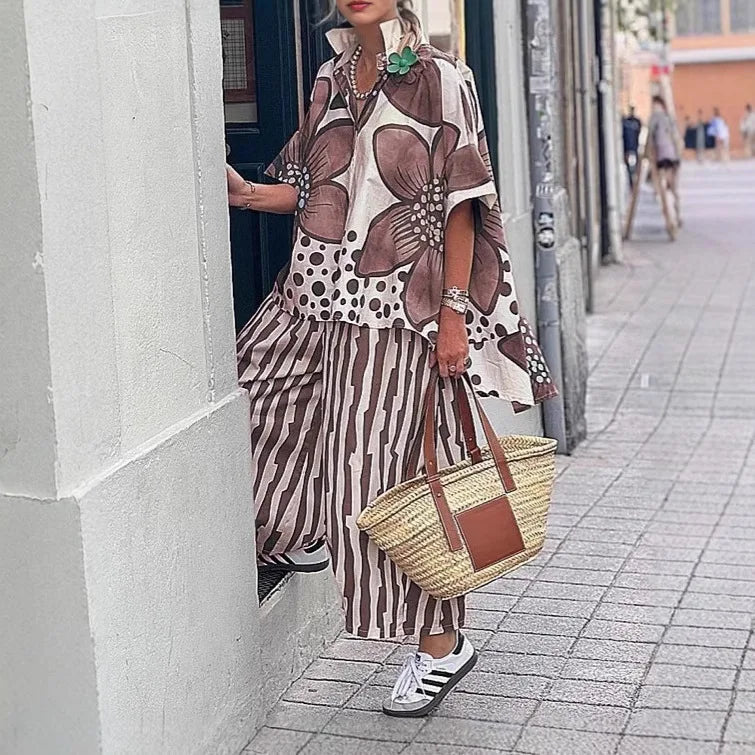 Conjunto Vionelle™ Con Camisa Floral Estampada Y Pantalón De Rayas De Corte Suelto