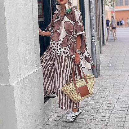 Conjunto Vionelle™ Con Camisa Floral Estampada Y Pantalón De Rayas De Corte Suelto