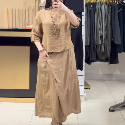 Conjunto Bellarive™ En Lino de Algodón Con Blusa Amplia y Falda Cruzada