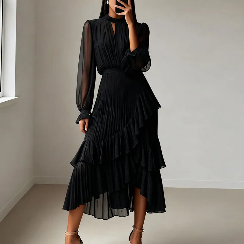 Vestido Lioren™ con Plisado Sofisticado y Volantes Asimétricos