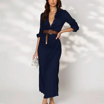 Vestido Marenza™ con Cuello Camisero, Cinturón Incluido y Silueta Larga