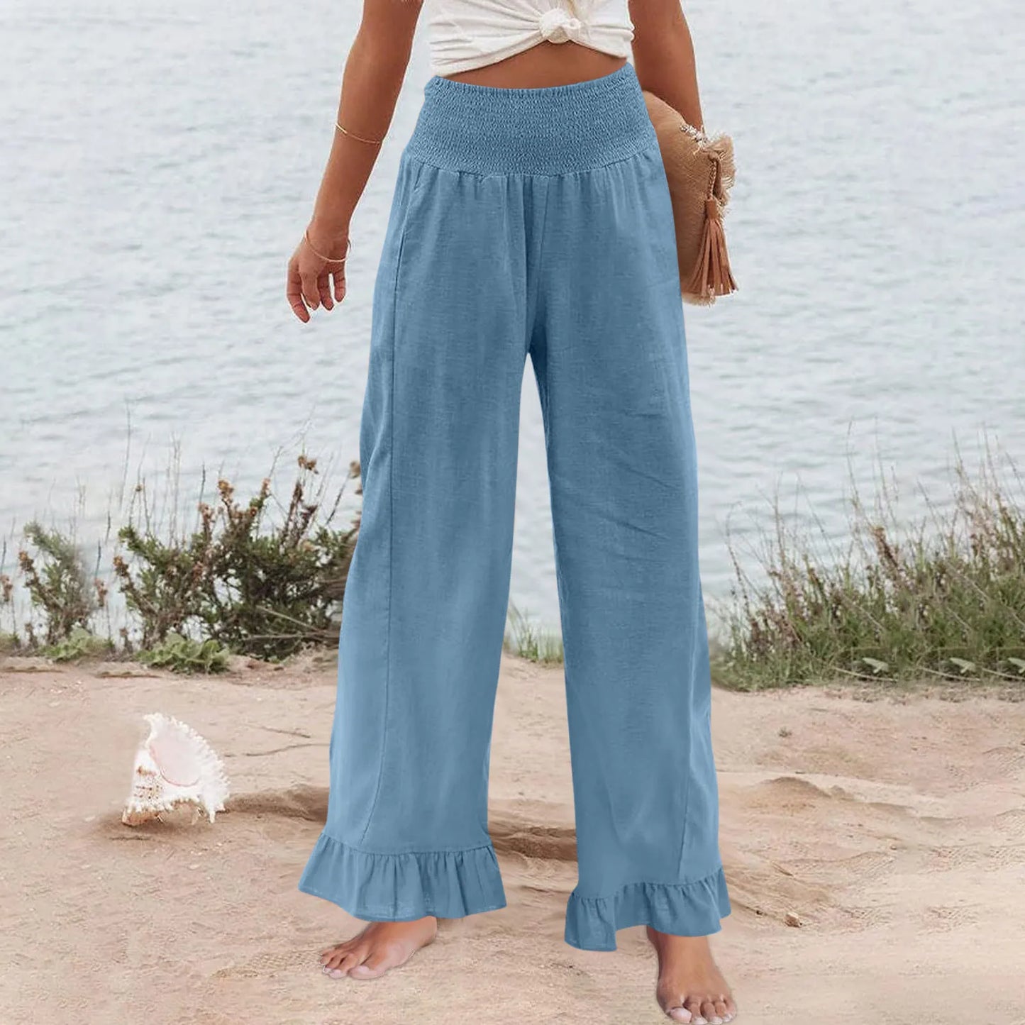 Pantalón Brisa™ con Cintura Alta Fruncida, Mezcla de Lino y Bajo con Volante
