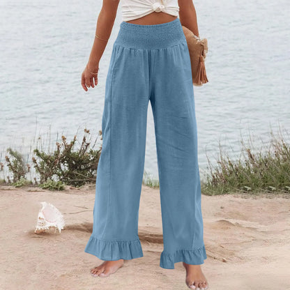 Pantalón Brisa™ con Cintura Alta Fruncida, Mezcla de Lino y Bajo con Volante