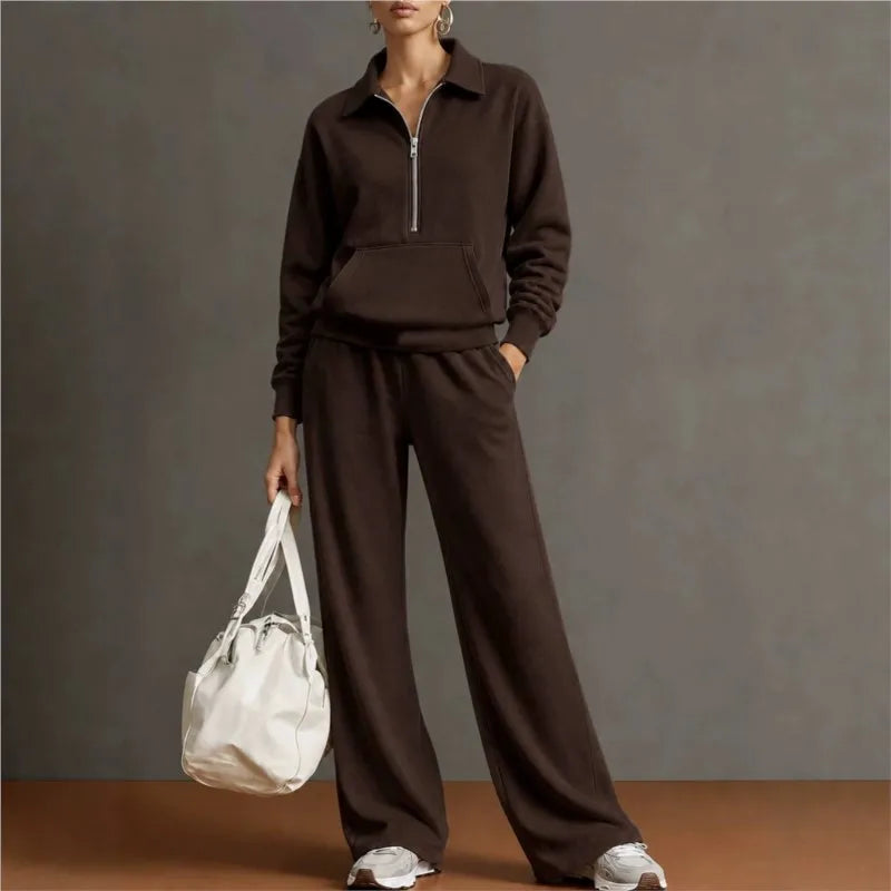 Conjunto Norelle™ con Blusa de Medio Cierre, Bolsillo Canguro y Pantalón de Corte Amplio