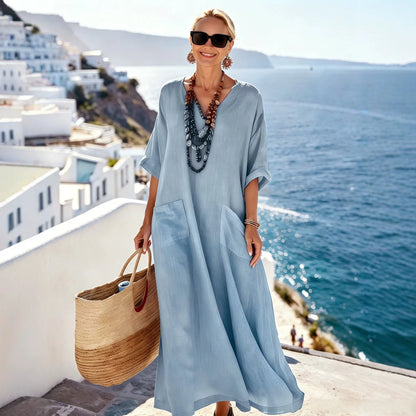 Vestido Largo Marisela™ con Escote en V, Bolsillos Frontales y Corte Holgado