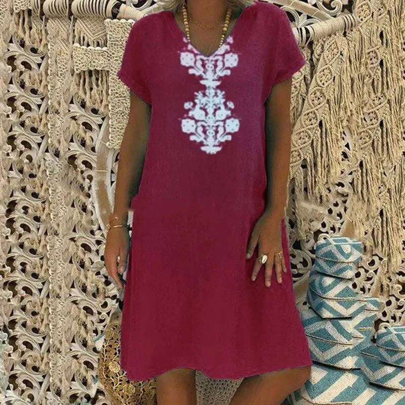 Vestido Midi Zarelle™ con Estampado Ornamental, Escote em V y Corte Amplio / Sofisticación Fresca Que Estiliza la Figura con Elegancia