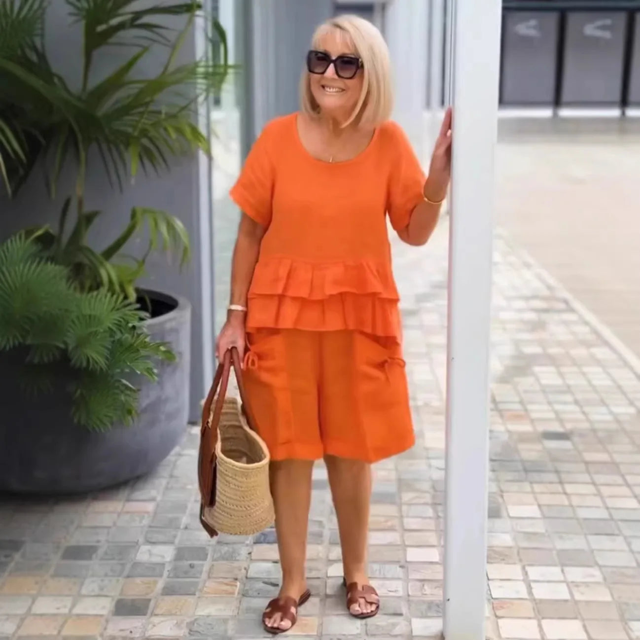 Conjunto Sorella™ Con Top De Volantes En Capas Y Bermuda Con Bolsillos