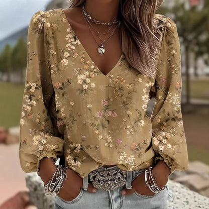 Blusa Ariela™ con Escote en V, Mangas Largas y Puños Fruncidos