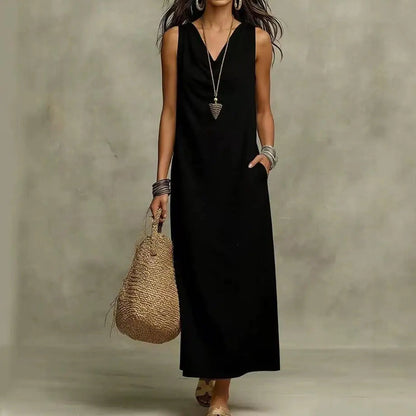 Vestido Largo Aveline™ con Escote Drapeado y Bolsillos Laterales