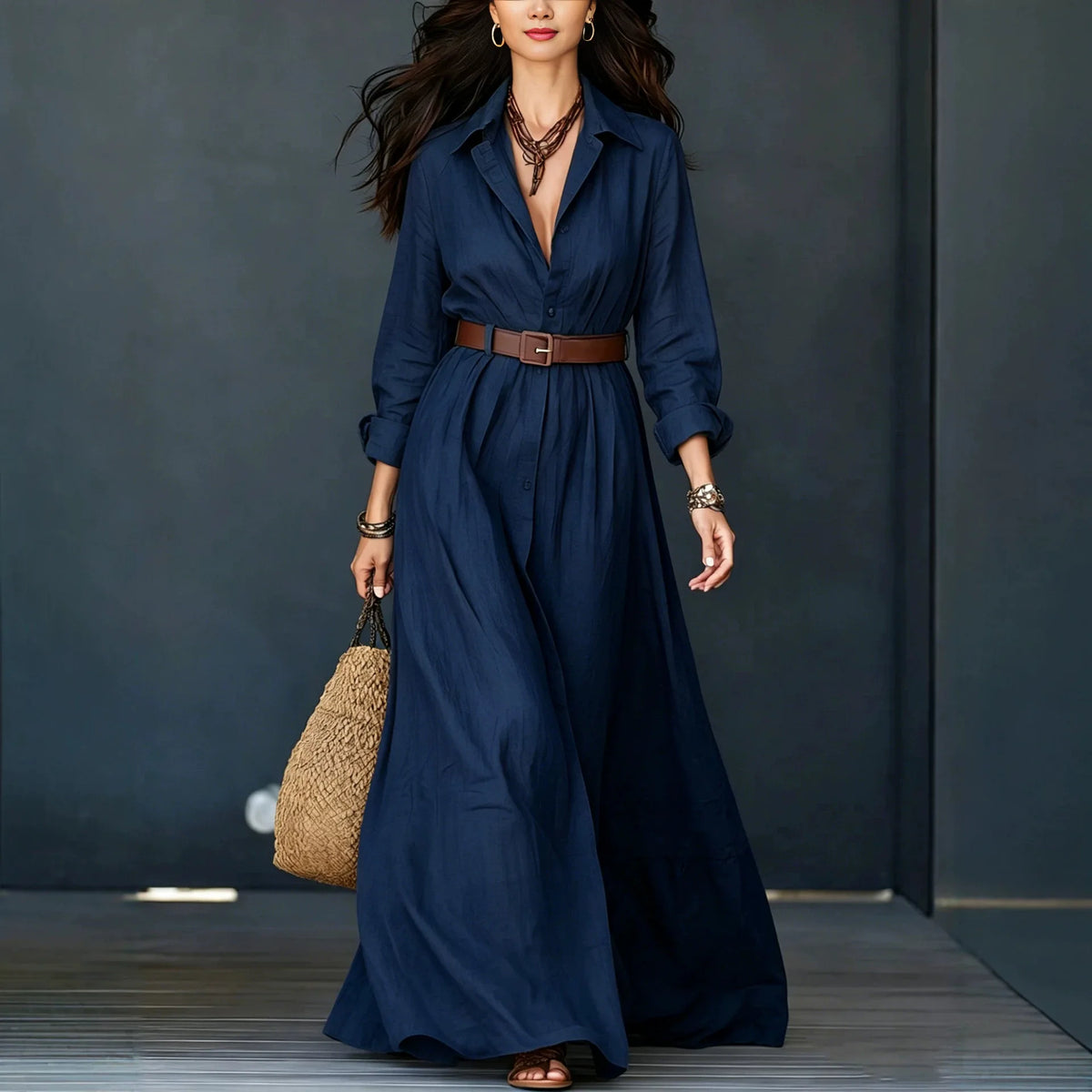 Vestido Delfina™ con Cuello Elegante, Botones Minimalistas y Cinturón de Regalo