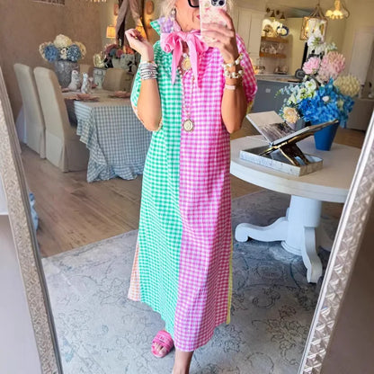 Vestido Colorie™ Con Cuello Camisero Y Estampado Vichy En Bloques