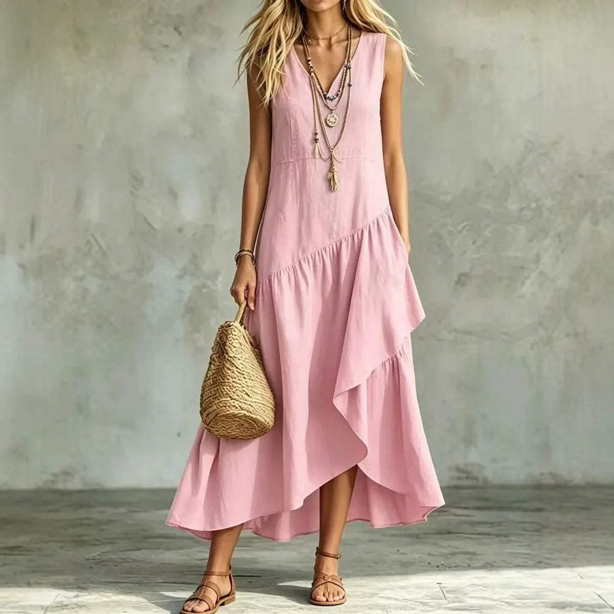 Vestido Liorah™ con Escote en V y Falda Asimétrica de Capas Fluidas