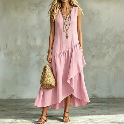 Vestido Liorah™ con Escote en V y Falda Asimétrica de Capas Fluidas