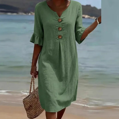 Vestido Liora™ de Algodón y Lino con Botones Frontales y Caída Fluida