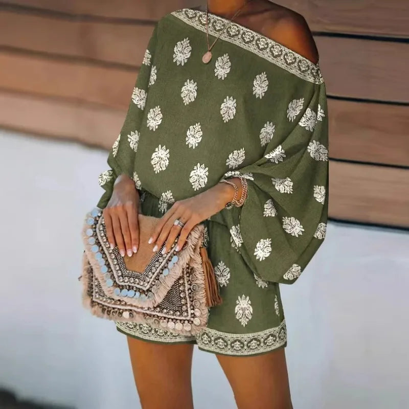Mono Maravie™ Con Escote Bardot Y Estampado Boho Chic