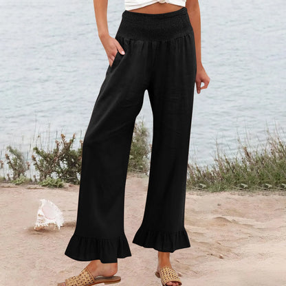 Pantalón Brisa™ con Cintura Alta Fruncida, Mezcla de Lino y Bajo con Volante