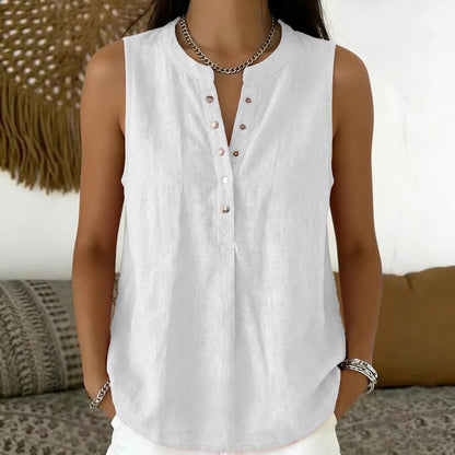 Blusa Laura™ con Botones Frontales, Cuello Redondo y Diseño Sin Mangas