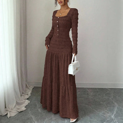 Vestido Largo Ursula™ de Punto Plisado con Botonadura Frontal