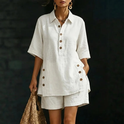 Conjunto Velena™ Con Blusa De Botones Frontales Y Pantalón Corto De Corte Holgado