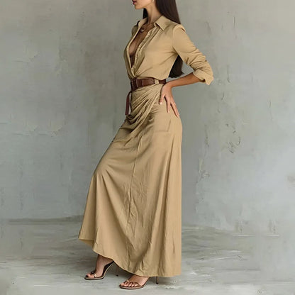 Vestido Marenza™ con Cuello Camisero, Cinturón Incluido y Silueta Larga
