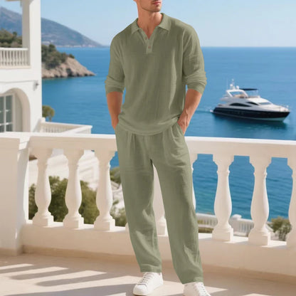 Conjunto Bellaro™ de Algodón y Lino, Polo de Manga Larga y Pantalón de Caída Fluida