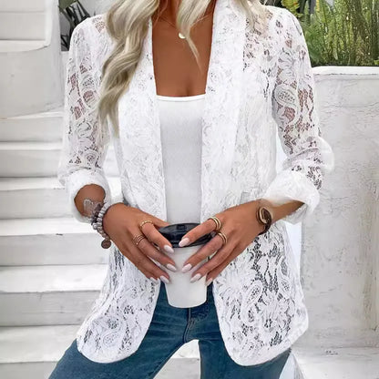 Blazer Lunavie™ de Encaje Calado Elegante y Transparencia Delicada