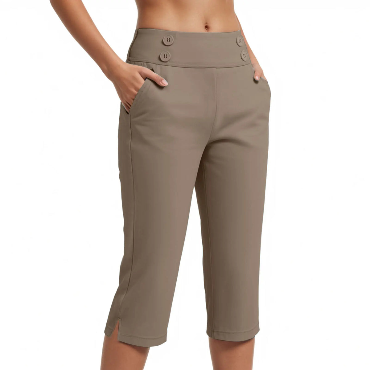 Pantalón Capri Juliana™ con Cintura Alta, Botones y Bolsillos Laterales