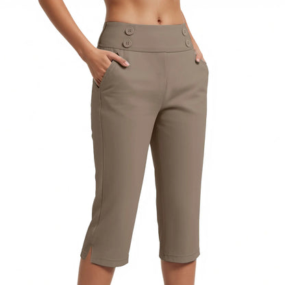 Pantalón Capri Juliana™ con Cintura Alta, Botones y Bolsillos Laterales