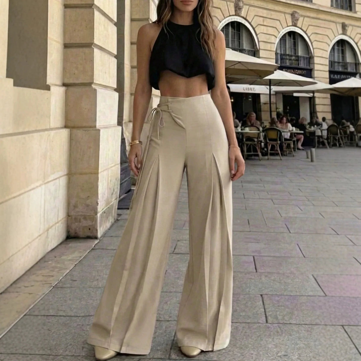 Pantalón Montalva™ de Cintura Alta, Pierna Ancha y Amarre Lateral