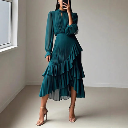 Vestido Lioren™ con Plisado Sofisticado y Volantes Asimétricos