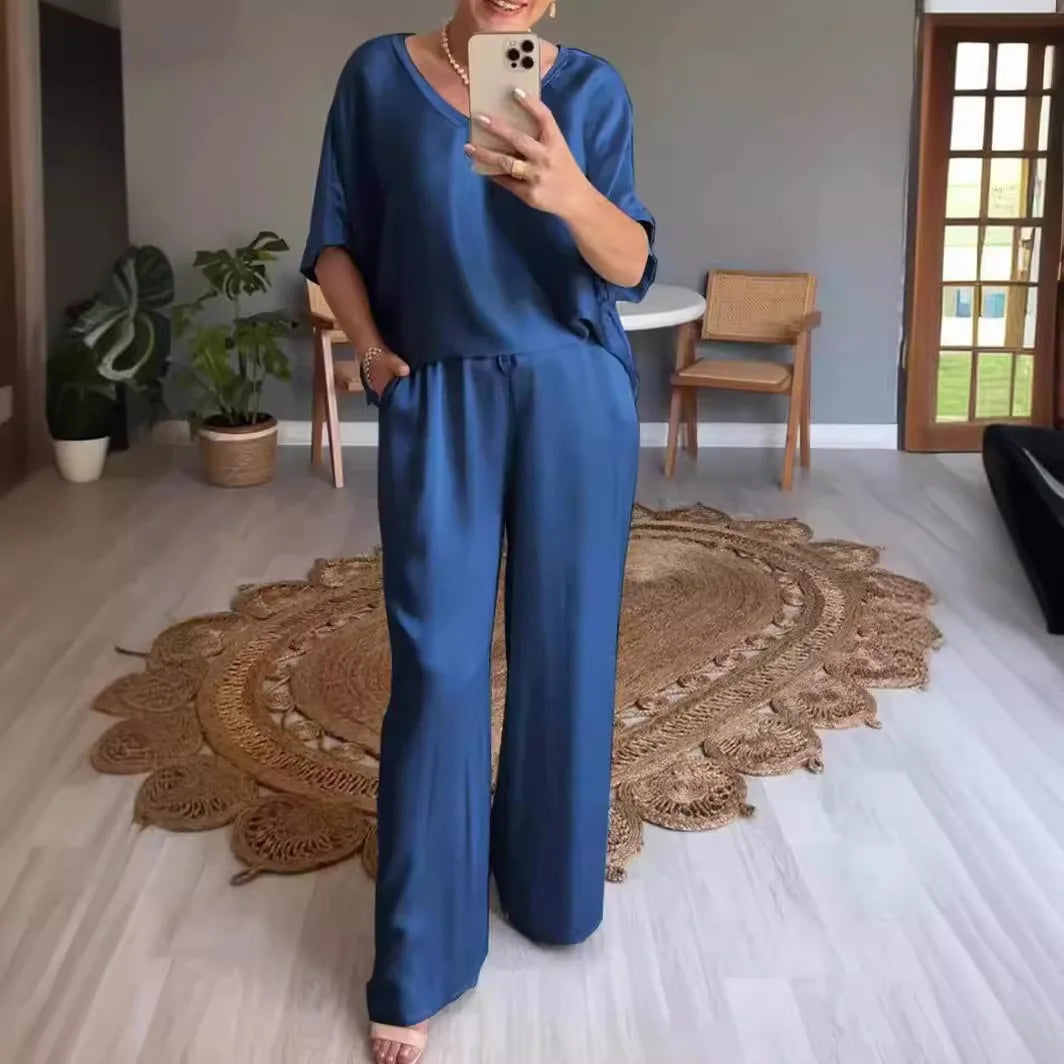 Conjunto Marevielle™ De Tela Satinada Con Blusa Amplia y Pantalón Palazzo Fluido