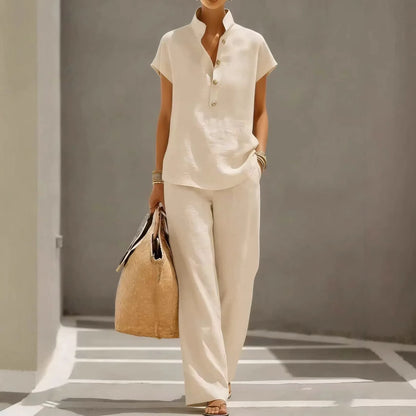 Conjunto Marelisse™ De Lino de Algodón Con Blusa Suelta y Pantalón Palazzo Fluido