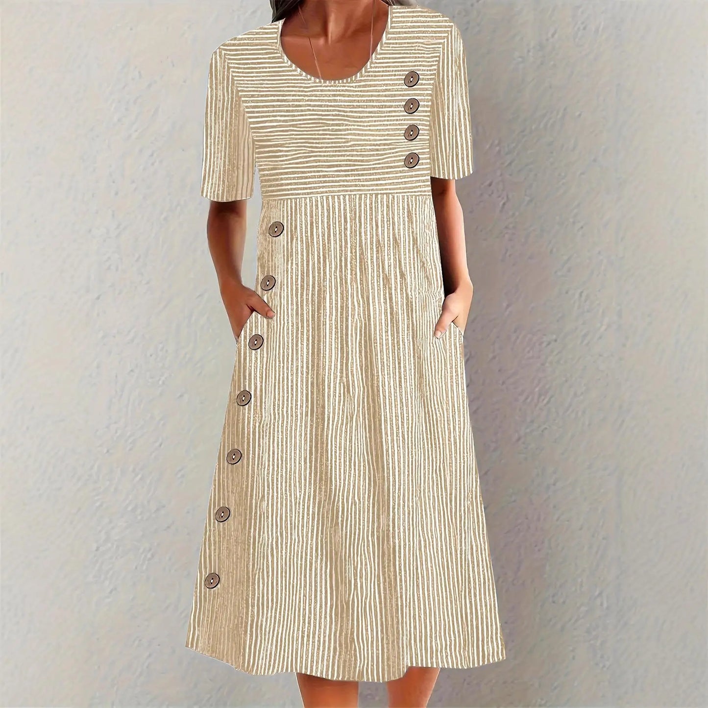 Vestido Elvanna™ con Estampado de Rayas Delicadas y Botones Decorativos
