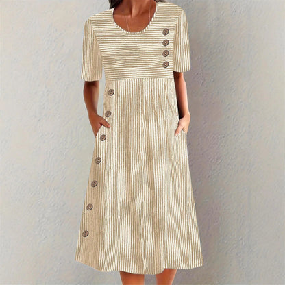 Vestido Elvanna™ con Estampado de Rayas Delicadas y Botones Decorativos
