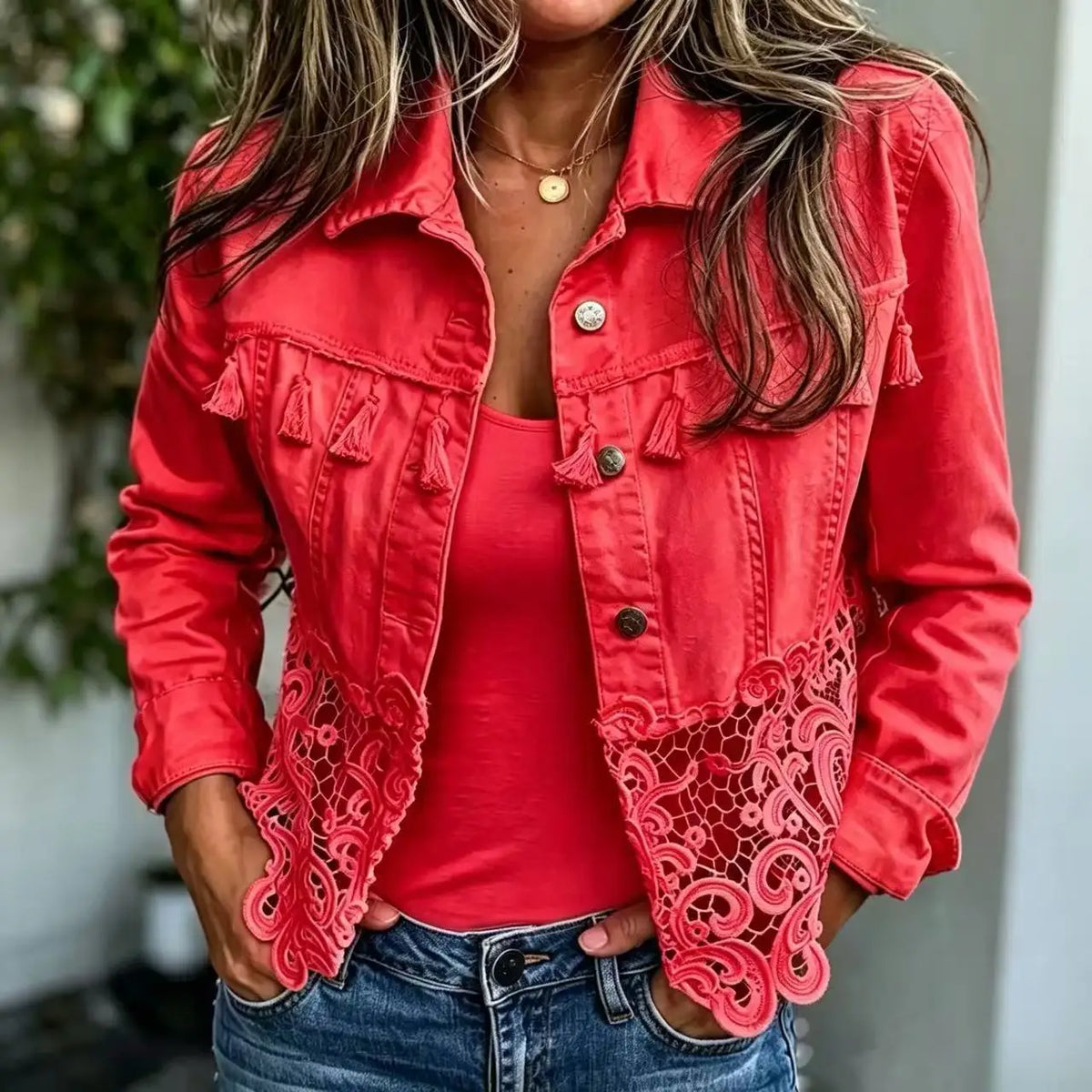 Chaqueta de Mezclilla Caprielle™ con Encaje Calado en el Bajo y Detalles de Borlas en el Busto