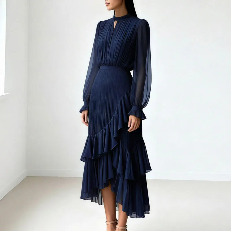 Vestido Lioren™ con Plisado Sofisticado y Volantes Asimétricos