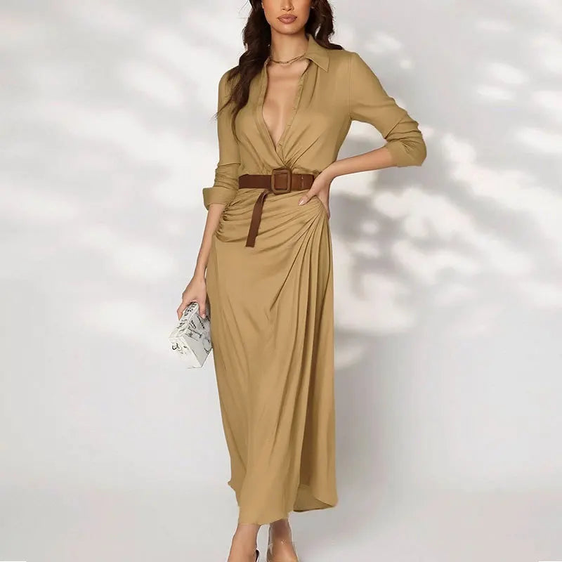 Vestido Marenza™ con Cuello Camisero, Cinturón Incluido y Silueta Larga