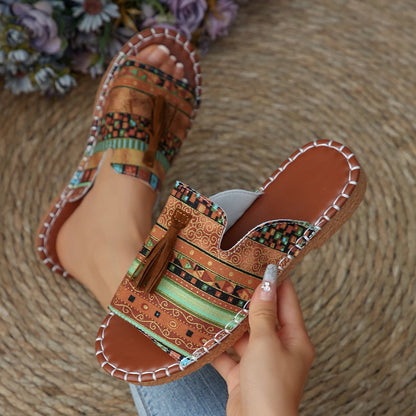 Sandalia Marivelle™ Con Estampado Étnico y Flecos Decorativos