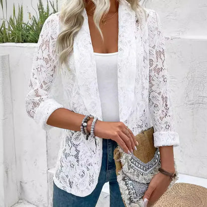 Blazer Lunavie™ de Encaje Calado Elegante y Transparencia Delicada