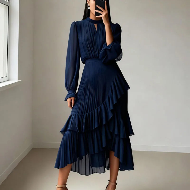 Vestido Lioren™ con Plisado Sofisticado y Volantes Asimétricos