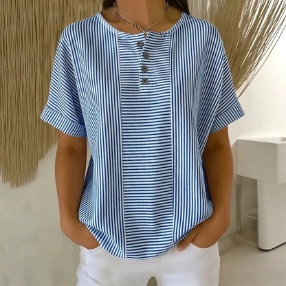 Camiseta Euddora™ Con Rayas Delicadas y Botones Frontales