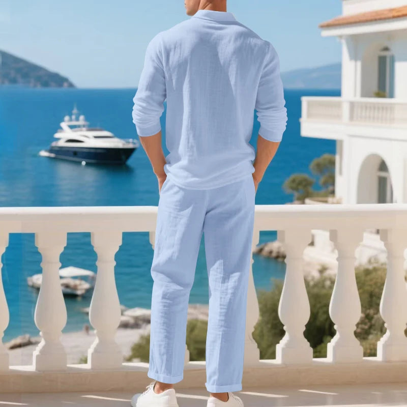 Conjunto Bellaro™ de Algodón y Lino, Polo de Manga Larga y Pantalón de Caída Fluida