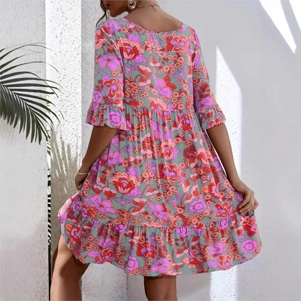Vestido Amarisa™ con Estampado Floral, Mangas 3/4 y Fruncido Bajo el Busto
