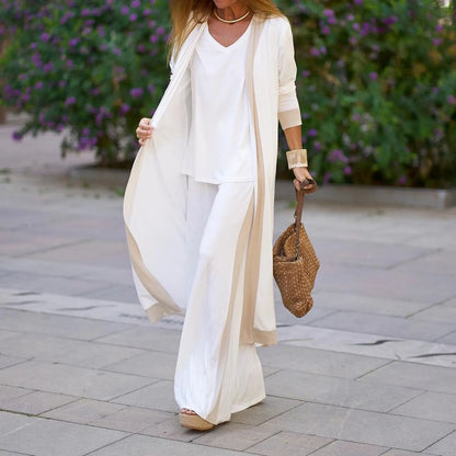 Conjunto Seravelle™ con Cárdigan Largo, Blusa de Escote en V y Pantalón Palazzo