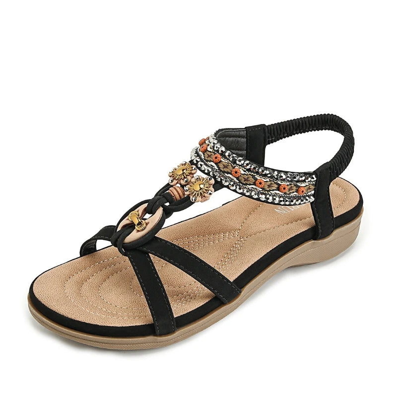 Sandalia Calyana™ con Aplicaciones Artesanales y Tira Elástica Trasera