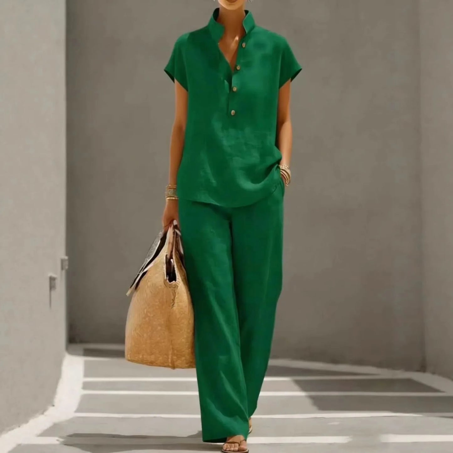 Conjunto Marelisse™ De Lino de Algodón Con Blusa Suelta y Pantalón Palazzo Fluido