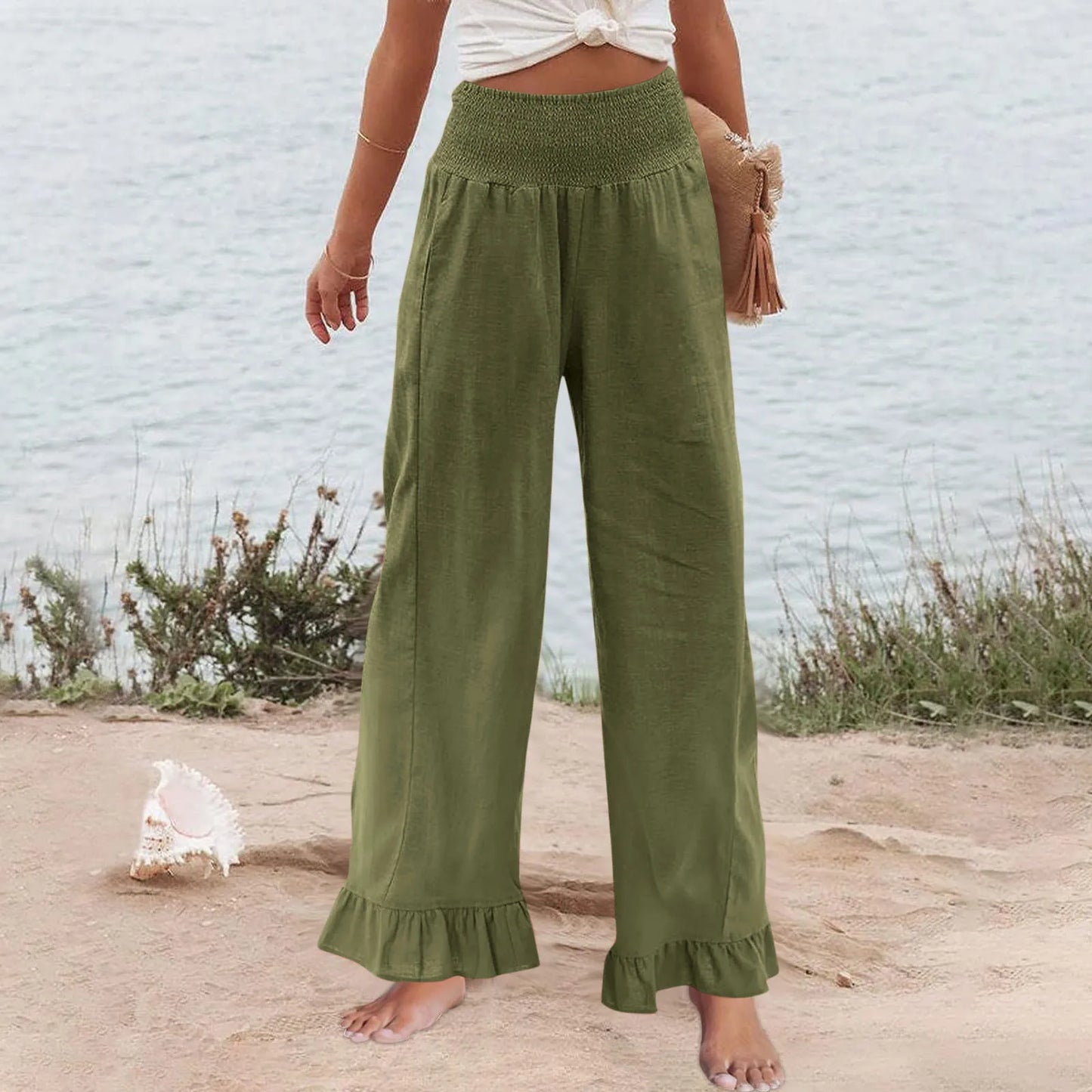 Pantalón Brisa™ con Cintura Alta Fruncida, Mezcla de Lino y Bajo con Volante
