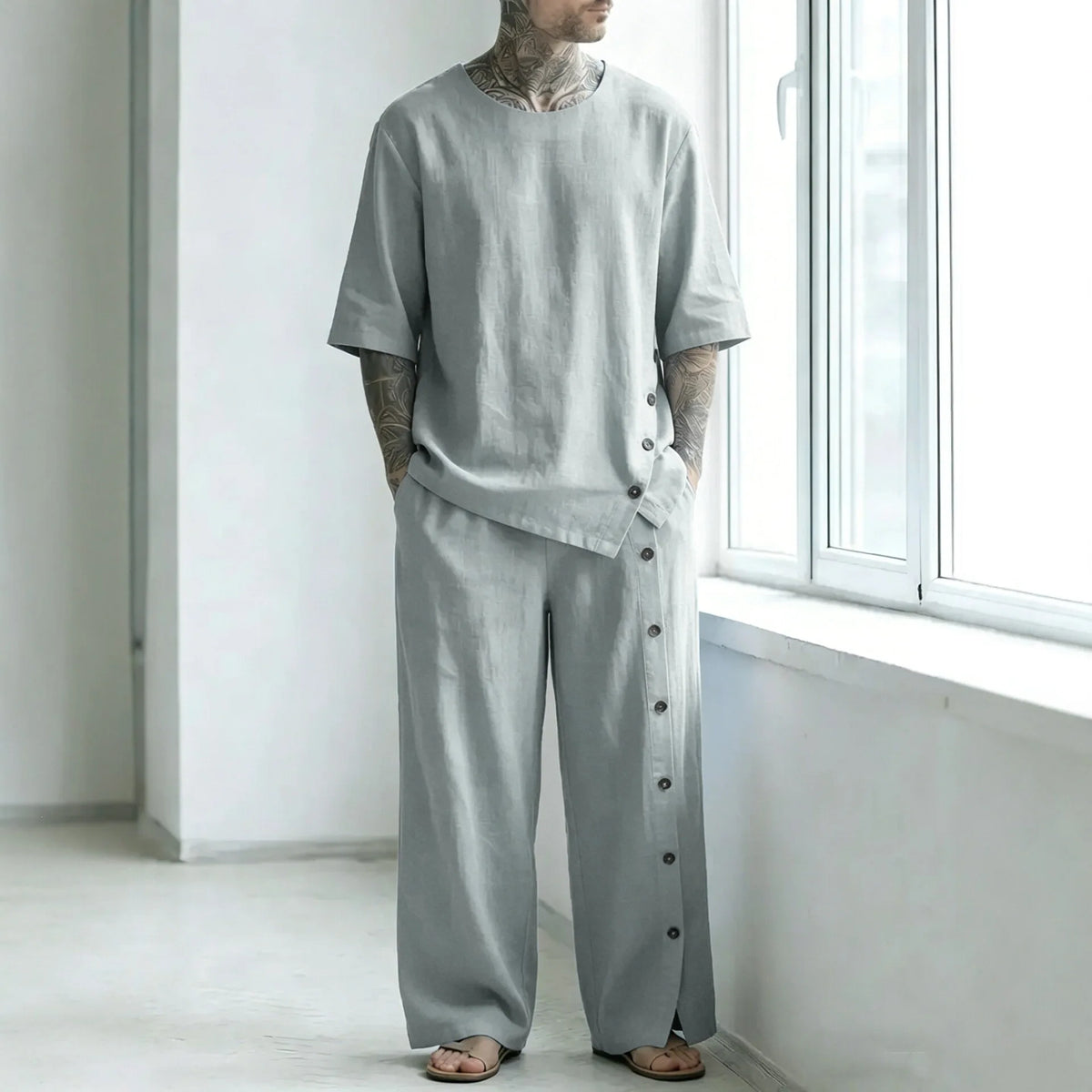 Conjunto Alessio™ con Camiseta Oversized, Pantalón de Corte Amplio y Detalle de Botones Laterales