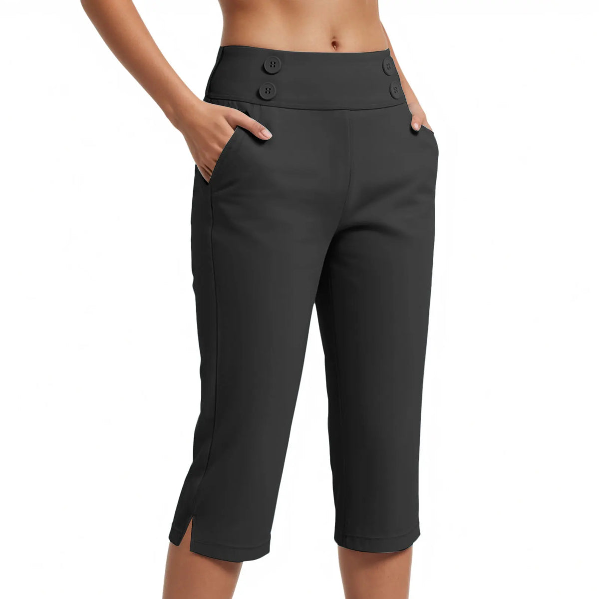 Pantalón Capri Juliana™ con Cintura Alta, Botones y Bolsillos Laterales