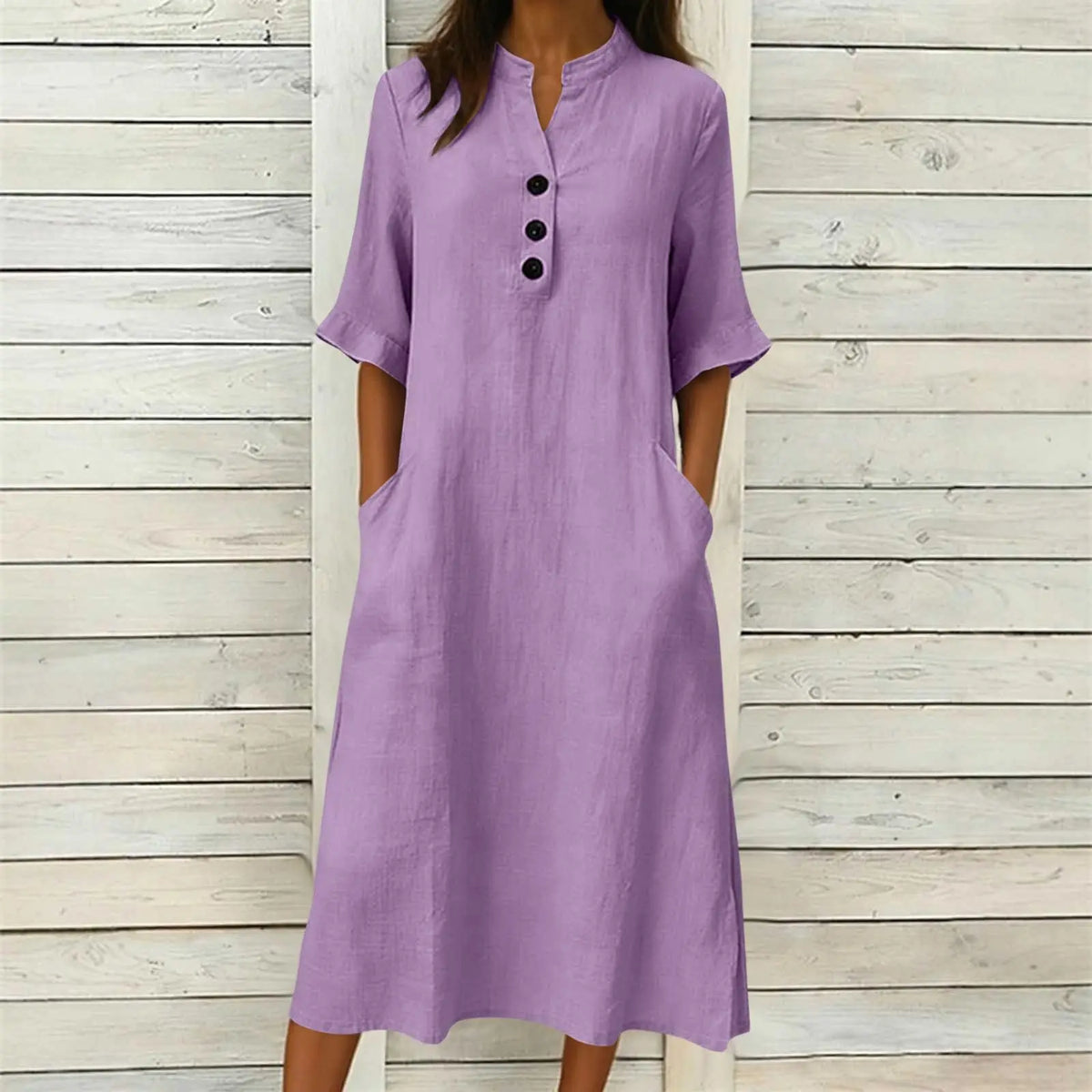 Vestido Regina™ con Cuello Mao, Botones y Bolsillos